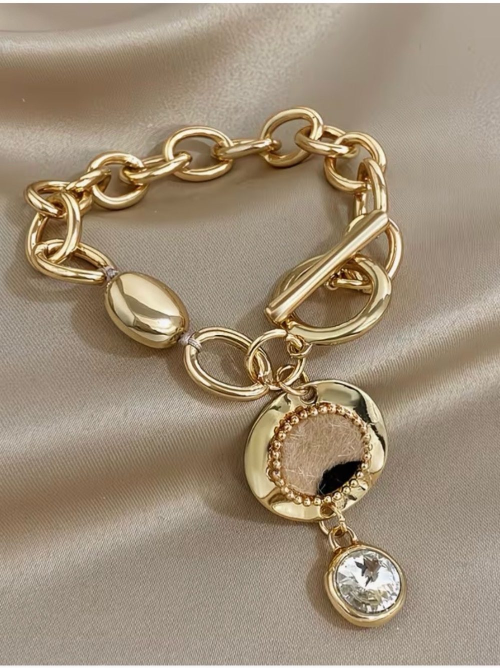 Gold-Tone Metal Cable Chain Dangle Charm Bracelet, Toggle, Adjustable 7.48"